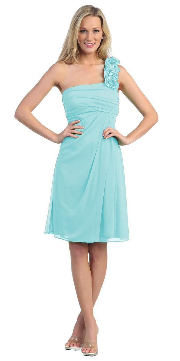 Turquoise one-shoulder chiffon dress with gathered ruffle at shoulder