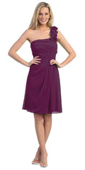 One-shoulder chiffon dress in plum, with ruffled shoulder and knee-length skirt