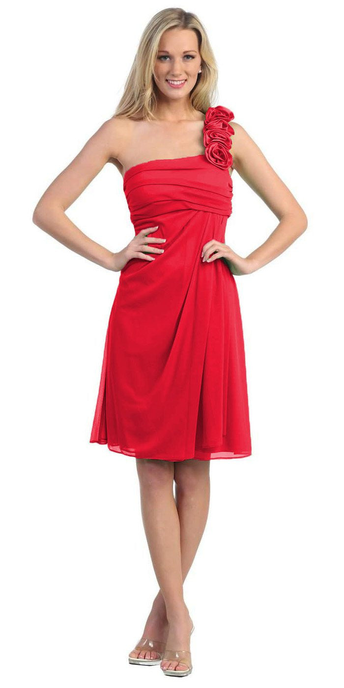 Red one-shoulder chiffon dress with ruched shoulder and draped skirt