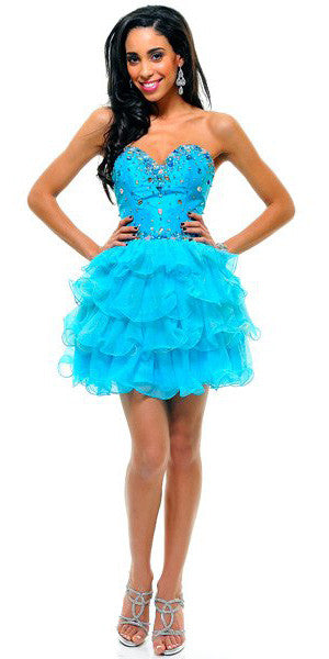 Turquoise strapless ruffle tulle skirt dress with jeweled bodice