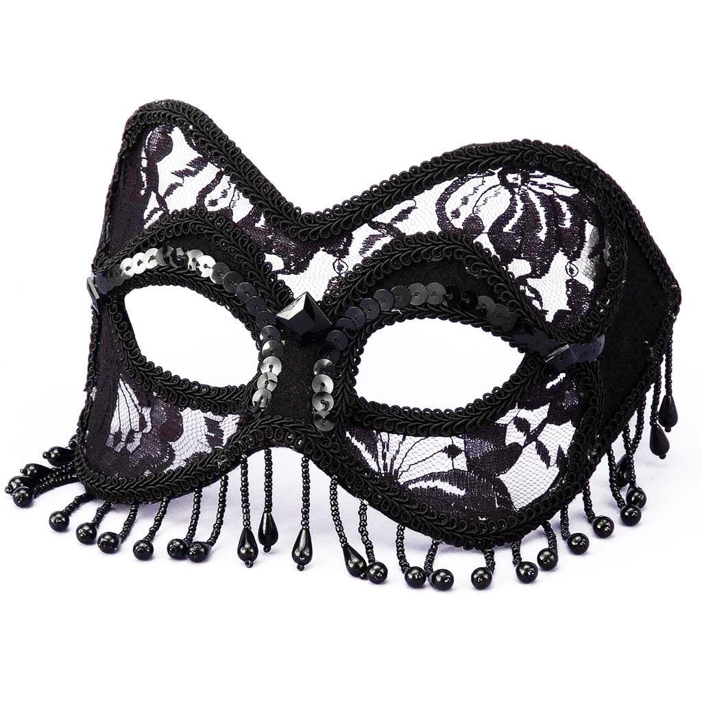 Venetian Style Black Masquerade Lace Half Mask with Sequins and Beads 58653