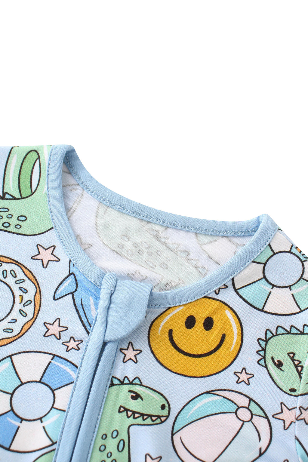 Baby romper neckline close-up with light blue trim and front zipper placket