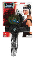 Deluxe Black Flapper Headband with Peacock Feather Costume Accessory