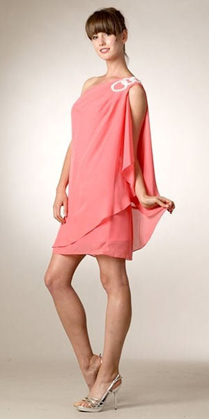 Coral one-shoulder short chiffon dress with draped overlay, full view