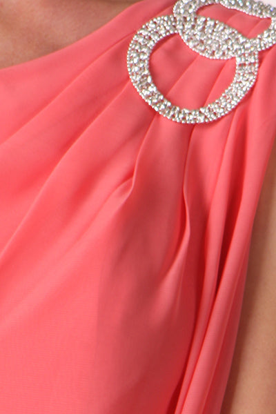 Coral chiffon one-shoulder dress close-up with jeweled embellishment