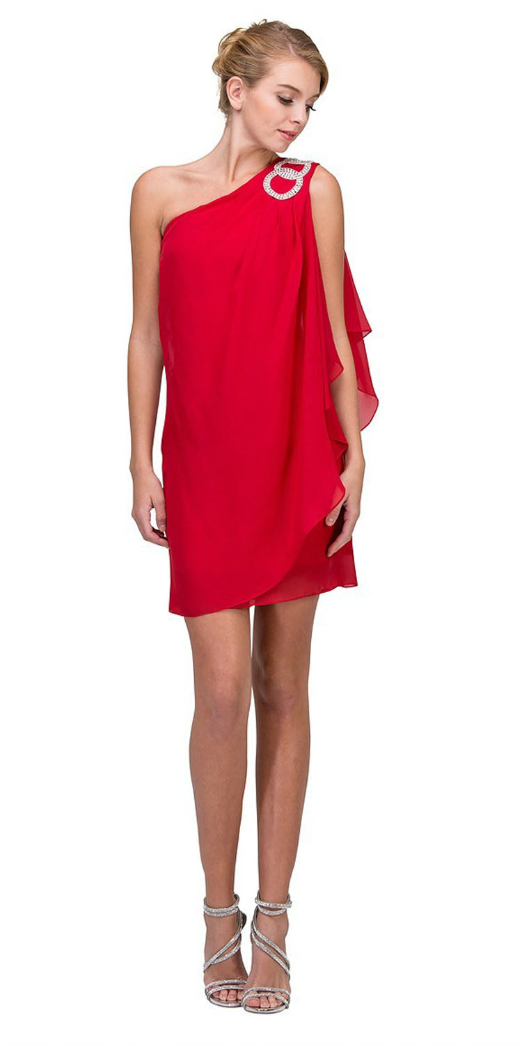 Dark coral one-shoulder short chiffon dress with draped shoulder detail
