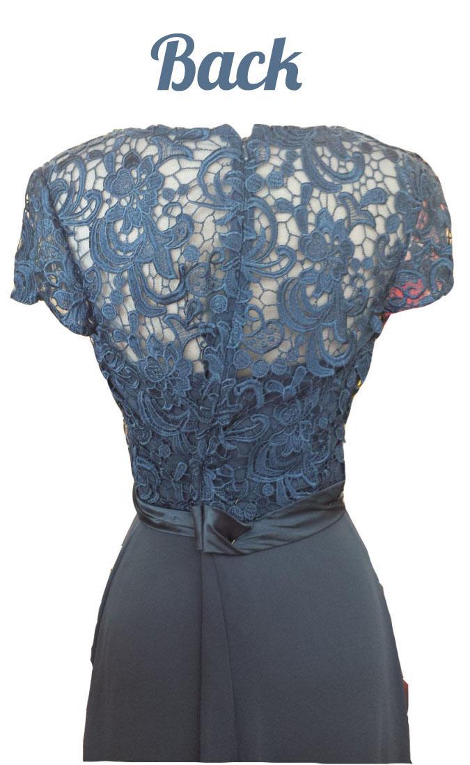 Back of blue lace long dress with short sleeves and waist tie