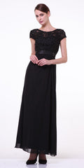 Black long dress with short lace sleeves and layered skirt