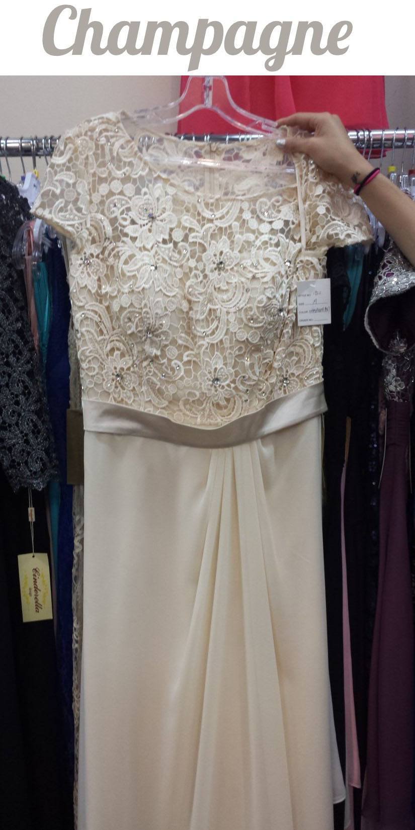 Champagne lace bodice long dress with short sleeves and sash waist