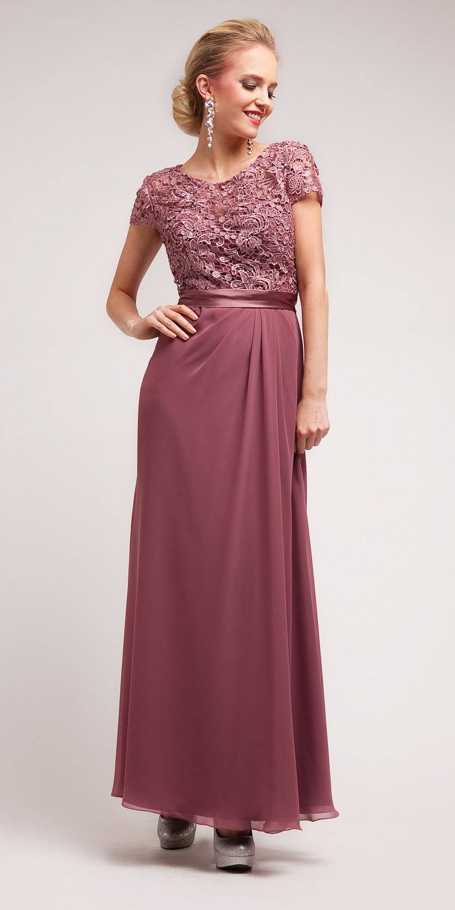 Mauve long dress with lace short sleeves and gathered waist skirt