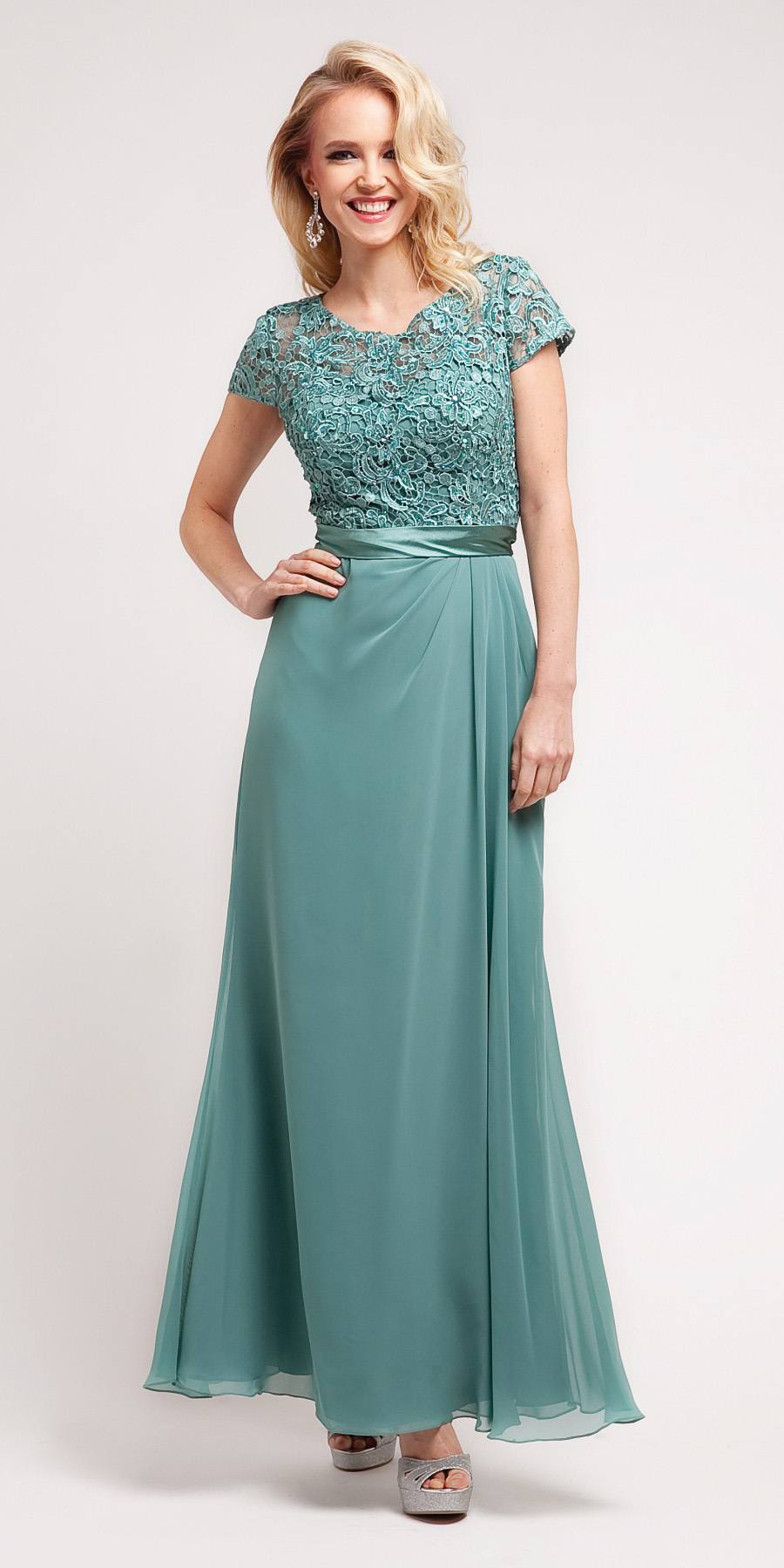 Teal long dress with lace short sleeves and flowing chiffon skirt