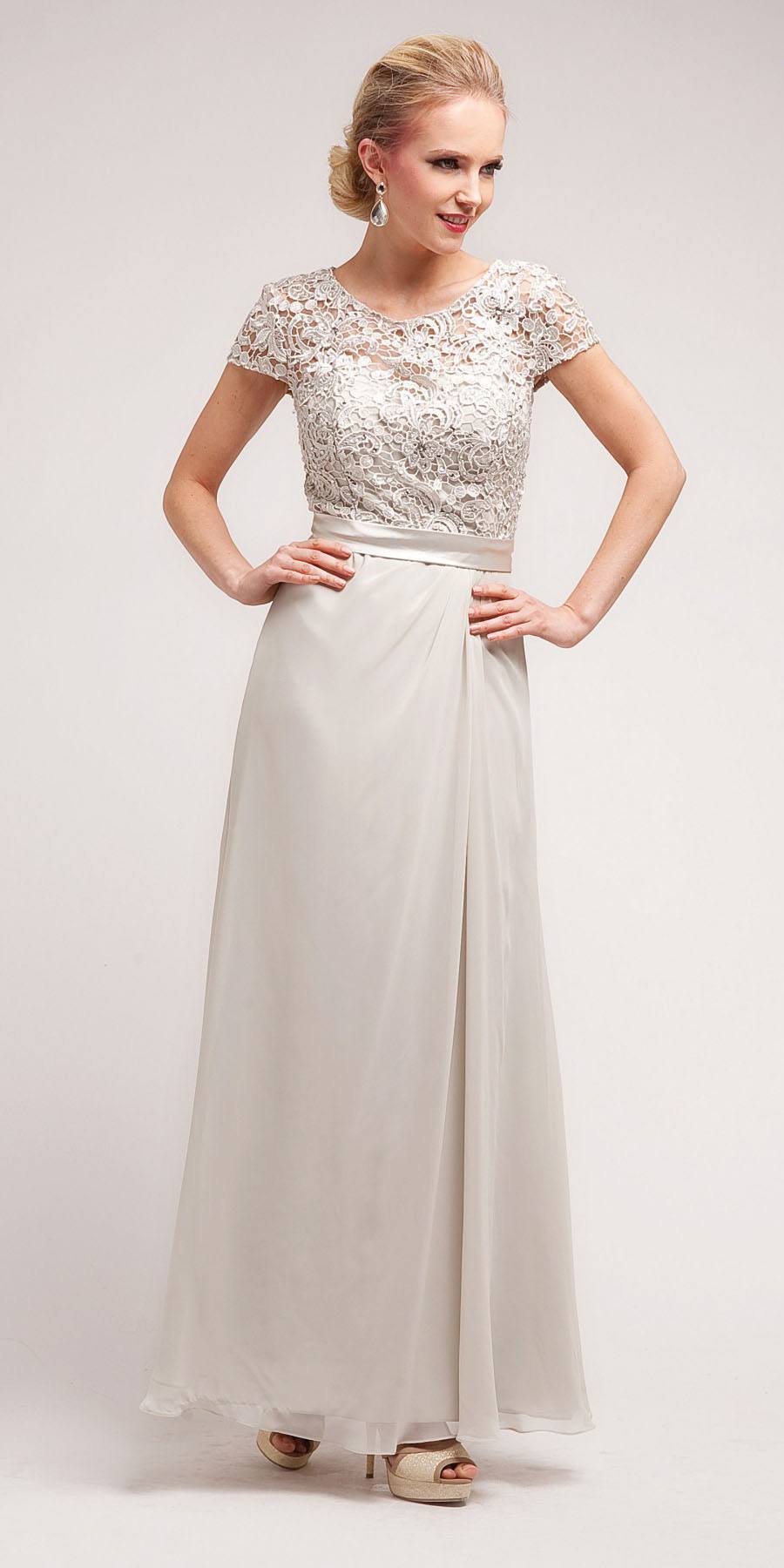 Champagne long dress with lace short sleeves and fitted bodice
