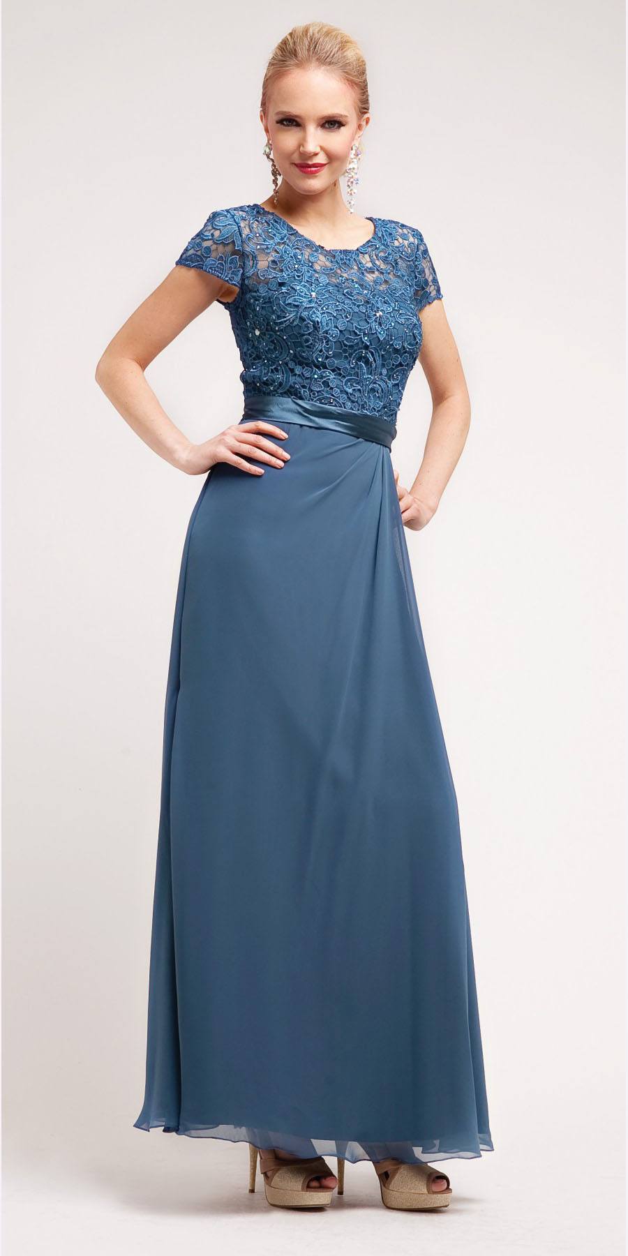 Blue long dress with lace short sleeves and chiffon skirt