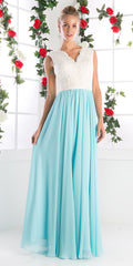 Sleeveless V-neck dress with embroidered bodice and light blue pleated skirt