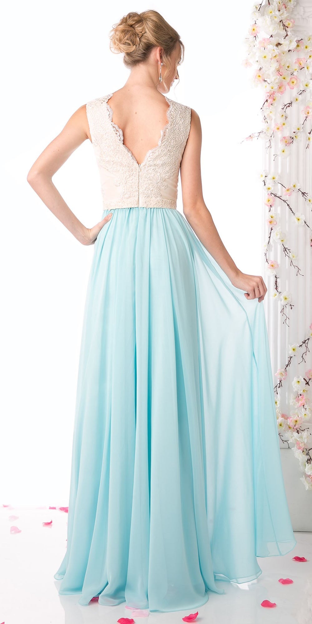Sleeveless V-neck dress with embroidered bodice and light blue pleated skirt, back view
