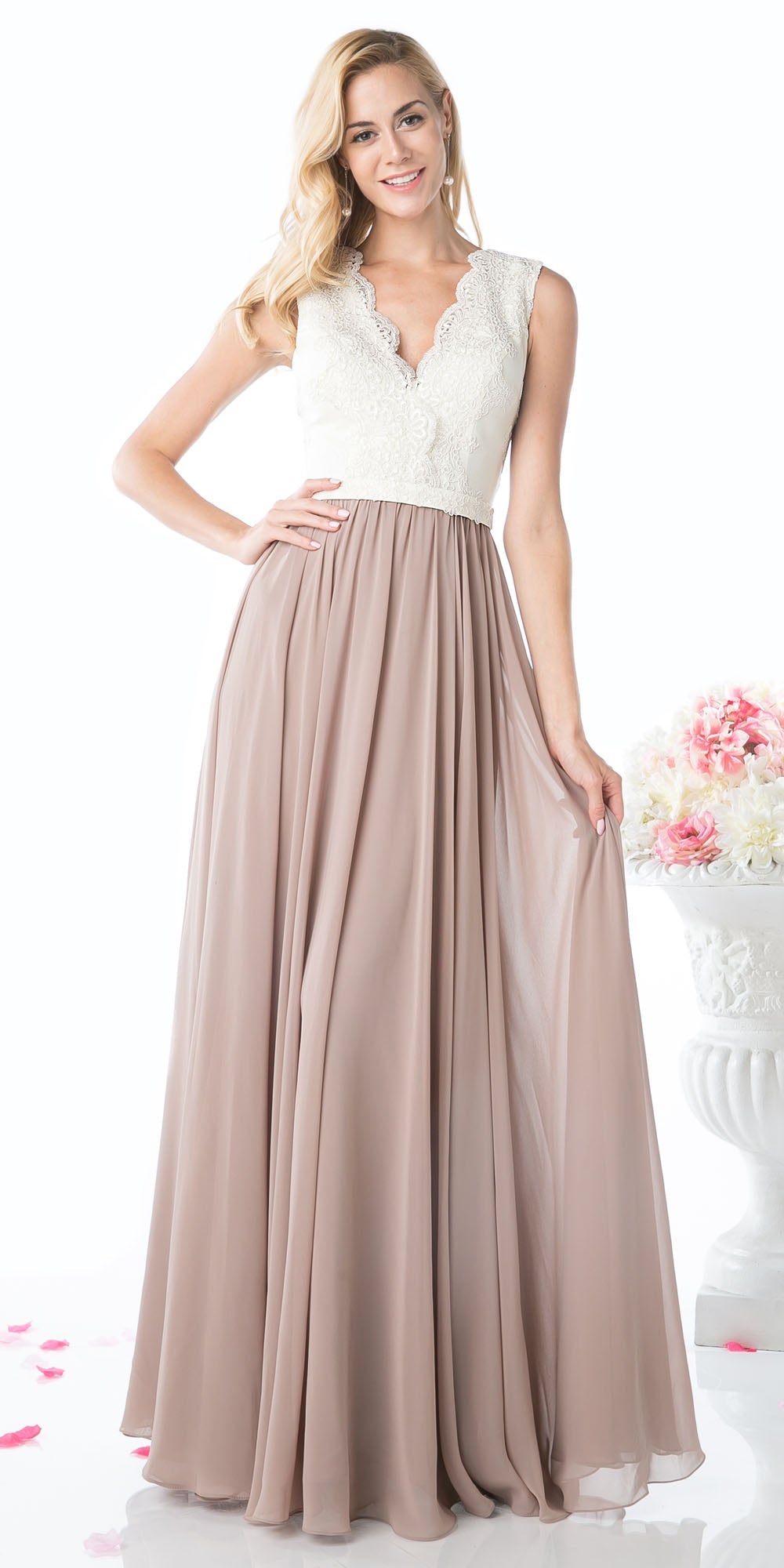 Sleeveless V-neck dress with embroidered lace bodice and taupe gathered skirt