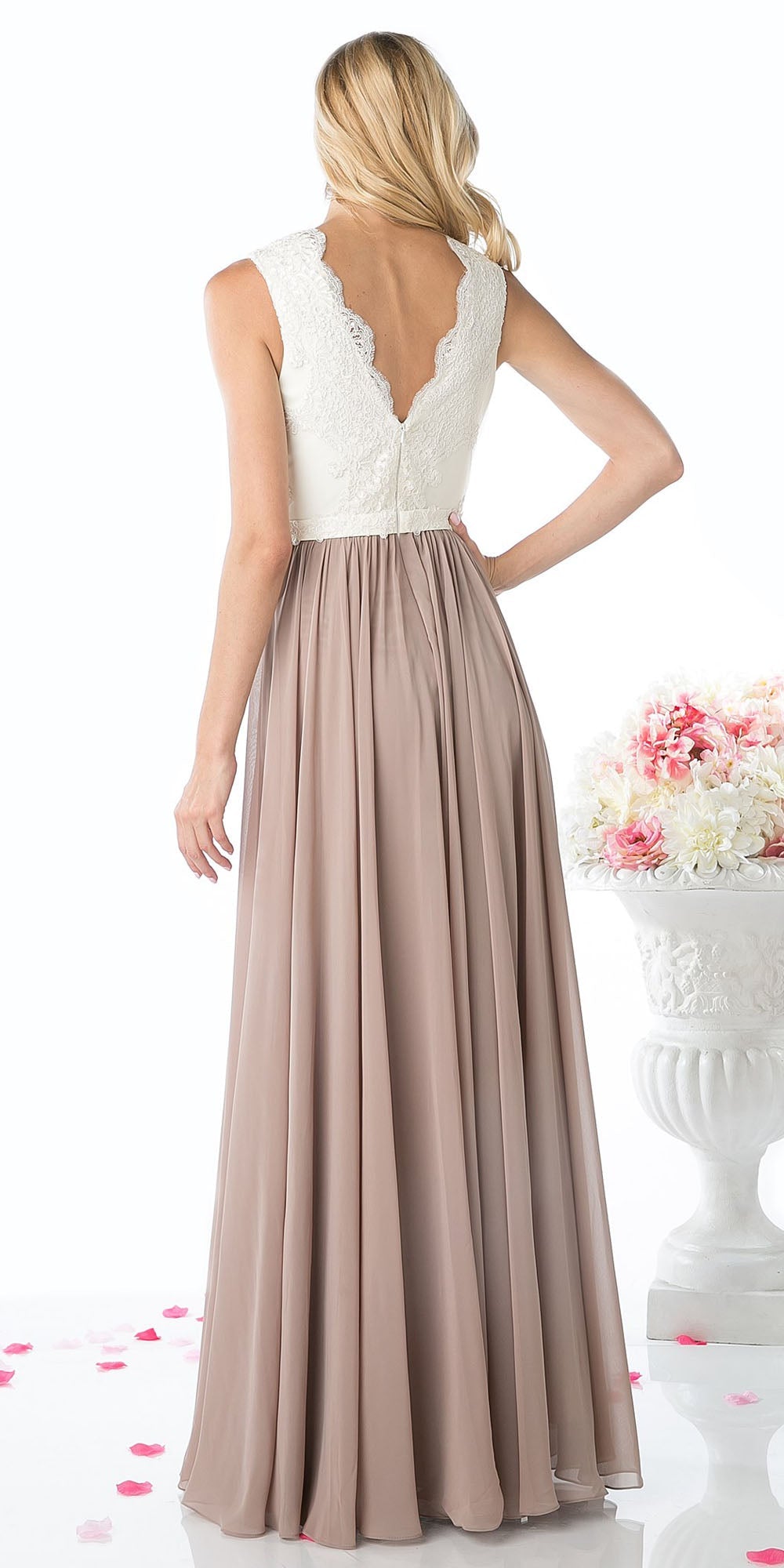 Sleeveless V-neck dress with embroidered lace back and taupe gathered skirt, back view