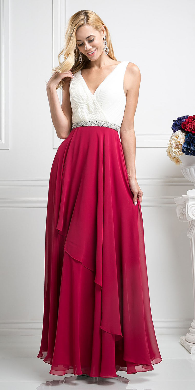 Sleeveless A-line chiffon dress with V-neck and pleated bodice, burgundy skirt