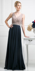 Sleeveless A-line chiffon dress with pleated V-neck bodice and dark flowing skirt