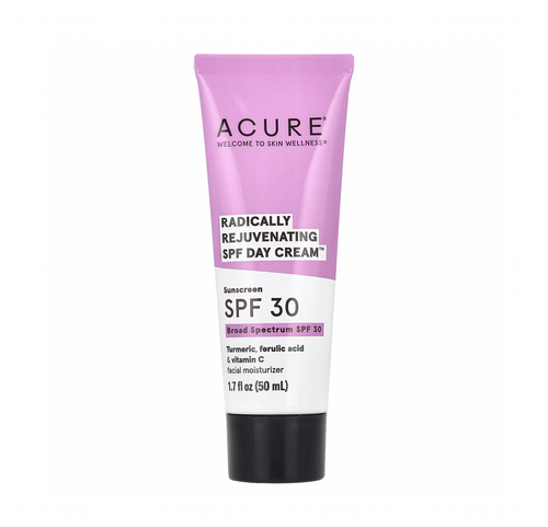 Acure SPF 30 day cream in a purple squeeze tube with black cap