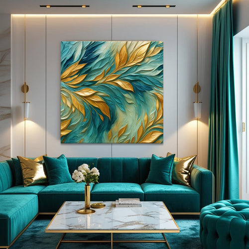 Abstract wall art canvas with teal and blue swirls and gold featherlike streaks