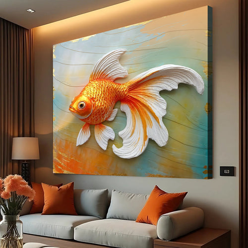 3D goldfish wall art: orange fish with white fins on teal and orange background