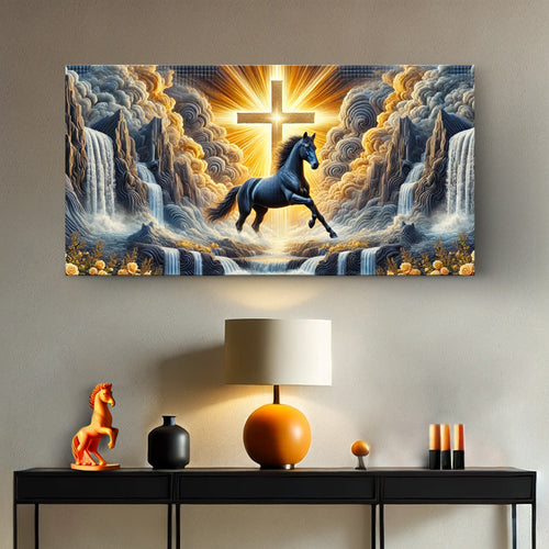 Horse faith wall art canvas: black horse before glowing cross amid blue clouds
