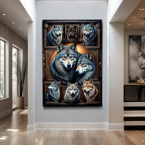 Framed wolf collage canvas with blue wolves and a central howling wolf face