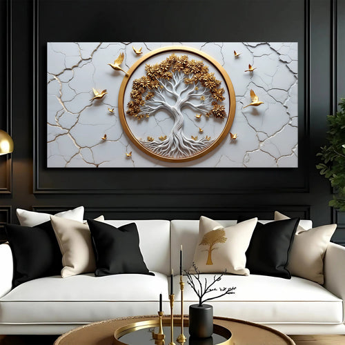White wall art canvas with golden oval tree of life and scattered bird accents
