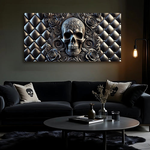 Skull and rose wall art canvas with dark ornate roses and a blue-gray skull centerpiece