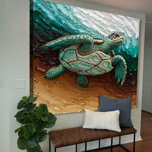 Turtle wall art canvas showing teal turtle over layered ocean and sand textures