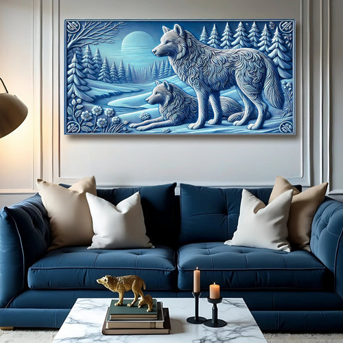 Framed wolves wall art with two blue-toned wolves in a snowy forest scene