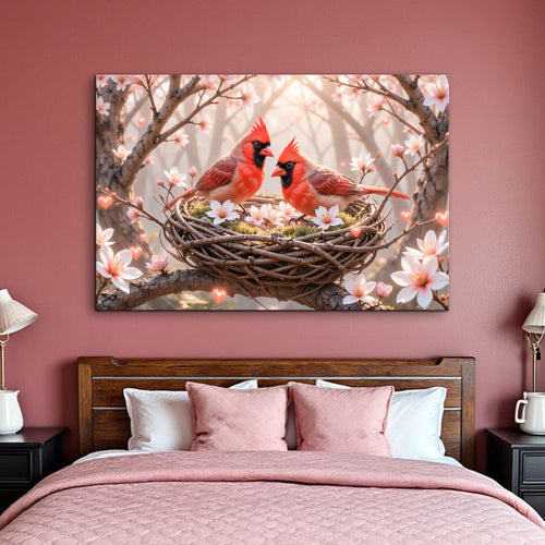 Cardinals wall art canvas: two red birds in a twig nest with pink spring blossoms