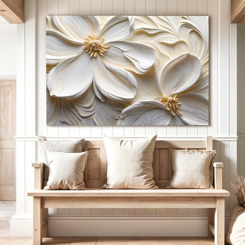 3D floral wall art canvas with white petals and gold flower details, framed in gray