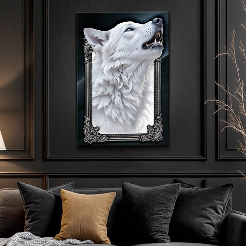 3D wolf wall art with white wolf face, ornate dark frame, looking to the right