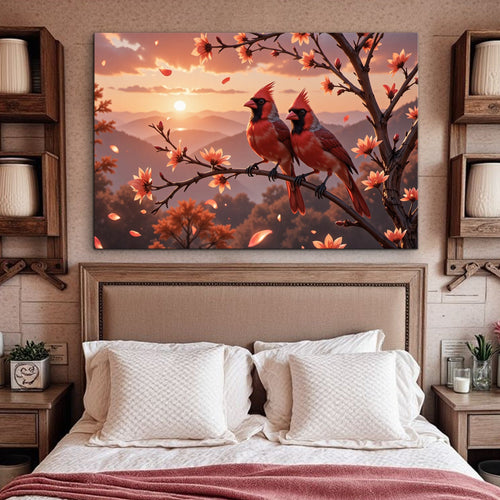 Landscape canvas wall art with two red cardinals perched on a flowering branch at sunset.