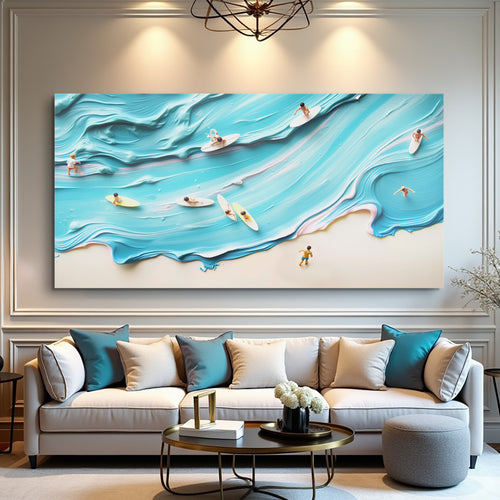 Landscape wall art canvas with turquoise aerial beach waves and paddleboarders