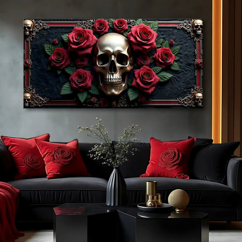 3D vintage skull wall art with gold-tone frame and red roses around a silver skull