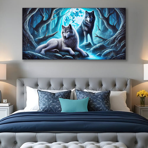 3D wolf wall art canvas featuring two gray wolves in a glowing blue forest scene
