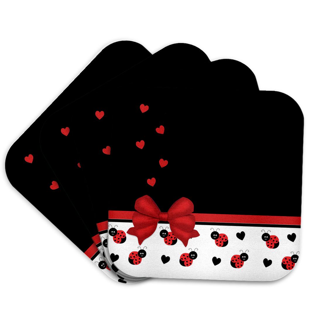 3dRose Charlyn Woodruff - CW Designs Whimsical Collection - Cute Red Black Ladybugs Floating Hearts Red Ribbon - Coasters (CST_155266)