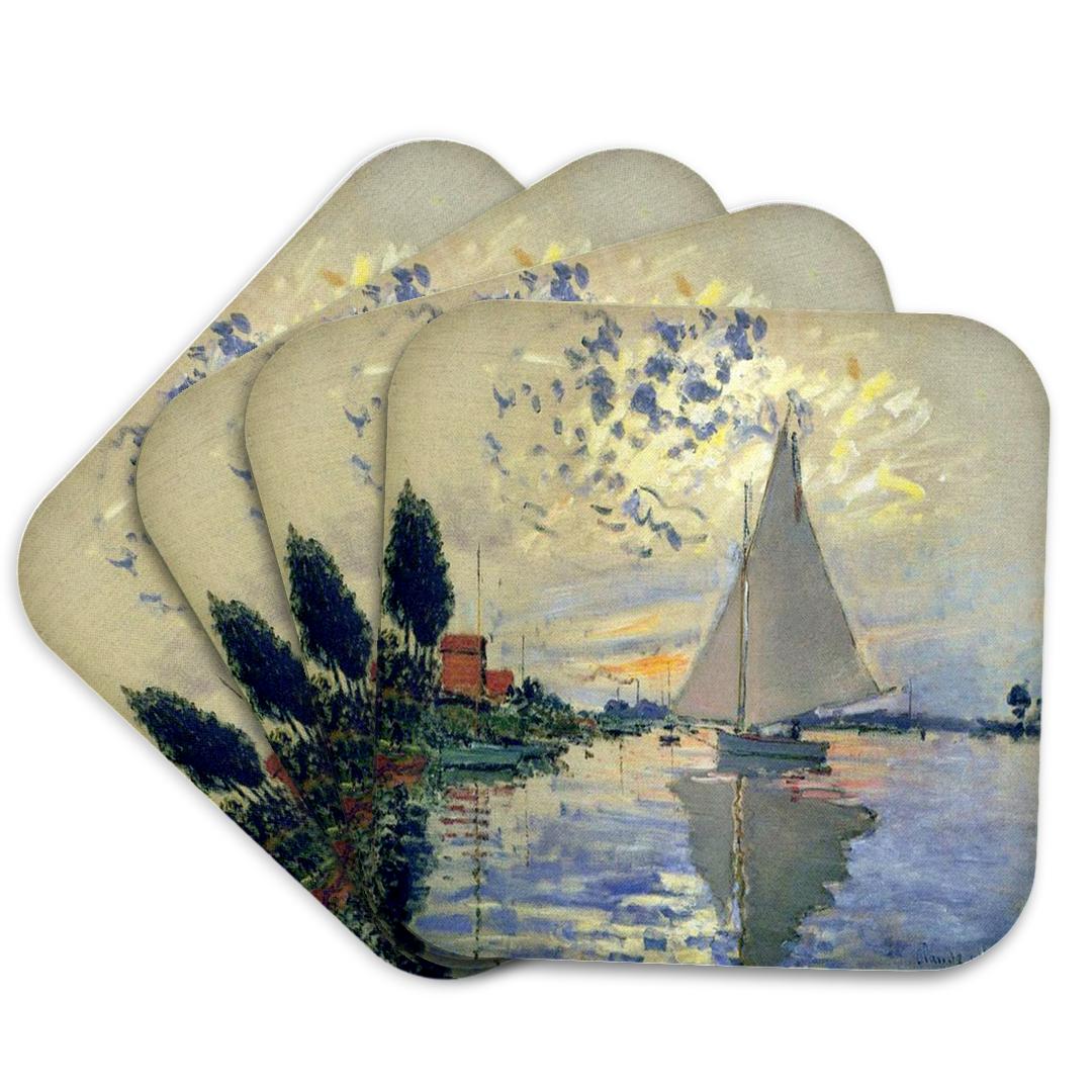 3dRose Florene - Monet Vintage Art - Print of Monet Painting Sailboat At Le Petit - Coasters (cst_203678)