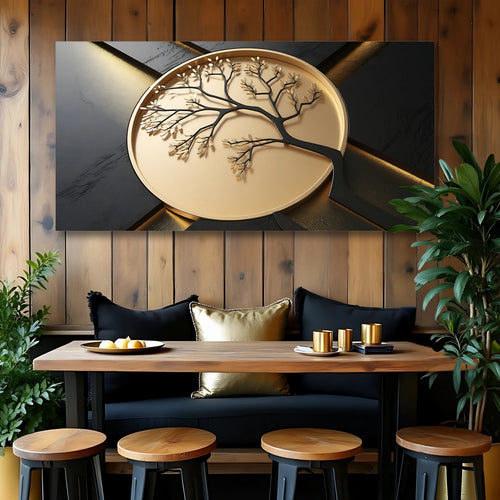 Wall art canvas with gold circular Celtic tree of life motif and dark branching trunk