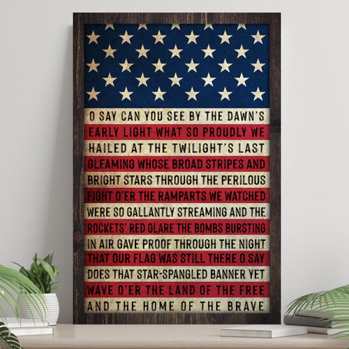 Framed American flag wall art with stars field and red-and-white text