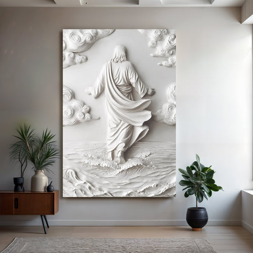 Jesus walking on water 3D relief wall art with raised white waves and clouds