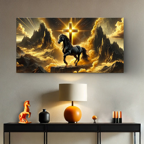 3D horse faith wall art canvas with black horse and glowing cross over golden mountains