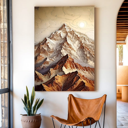 Mountain wall art canvas with layered peaks in cream, brown, and orange light
