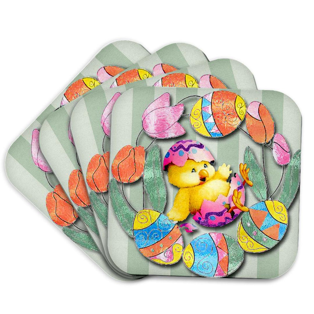 3dRose Spiritual Awakenings-Easter - Cute Easter chick and eggs all decorated around pretty tulips - Coasters (cst_167131)