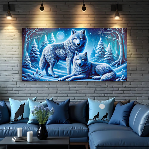 3D Wolves Wall Art II canvas with two white wolves in snowy forest under moonlight
