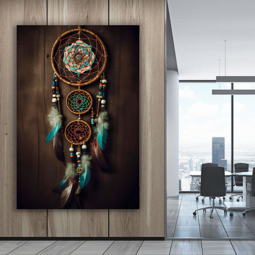 Vertical wall art canvas featuring circular dreamcatcher with teal feathers and beadwork