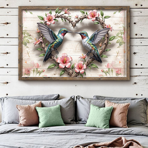 Landscape framed wall art with hummingbirds, pink flowers, and leafy branch detail